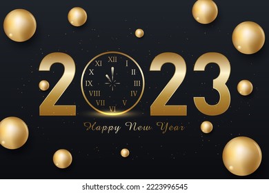 2023 Feliz Año Nuevo Diseño de colores dorados de fondo. Tarjeta de felicitación, cartel, afiche. Ilustración vectorial.