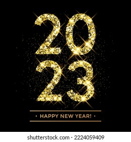 2023 Feliz Año Nuevo con destellos brillantes dorados. Vector de Año Nuevo fondo brillante brillante con brillantes dorados número 2023