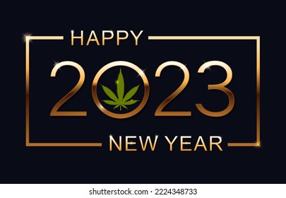 2023 Feliz Año Nuevo con hoja de marihuana. Feliz año nuevo. Ilustración vectorial.