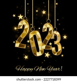 2023 Happy New Year background design. Postcard, banner, poster. Vector Illustration.Wishing you Happy New Year lines, handwritten lettering, typography, design, sparkling, gold, star.