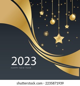 2023 Happy New Year background. Holiday banner with 2023 happy new year symbol, golden stars and confetti. Vector illustration with black holiday icon isolated on white background