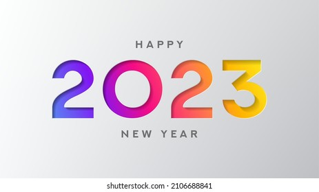 2023 Happy New Year banner. Vector illustration with colorful numbers 2023 with trendy gradient. New Year holiday symbol template on gray background.