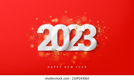 2023 Happy New Year banner. Silver number 2023 on red background with golden confetti and sparkles. New Year holiday symbol. Vector illustration.