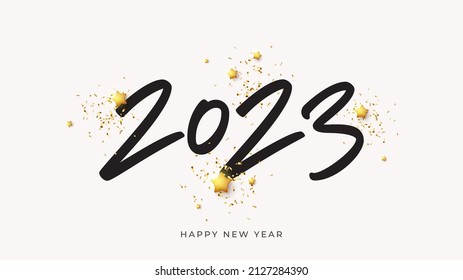 2023 Happy New Year banner. Holiday banner with 2023 happy new year symbol, golden stars and confetti. Vector illustration with black holiday icon isolated on white background.