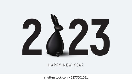 2023 Happy New Year banner. Holiday banner with 2023 happy new year symbol and 3d black rabbit. Vector illustration with black holiday icon isolated on grey background.