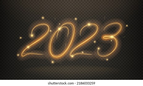 2023 Happy New Year banner. Number 2023 written with sparkling sparklers isolated on checkered background. Glowing template for holiday greeting card, banners and poster. 2023 sparkling sign.