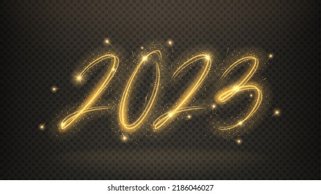 2023 Happy New Year banner. Number 2023 written with sparkling sparklers isolated on checkered background. Glowing template for holiday greeting card, banners and poster. 2023 sparkling sign.