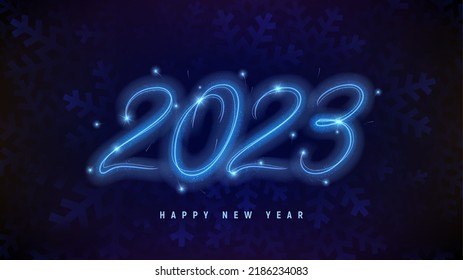 2023 Happy New Year banner. Number 2023 written with sparkling sparklers with snowflakes on background. Glowing template for holiday greeting card, banners, poster. 2023 sparkling sign.