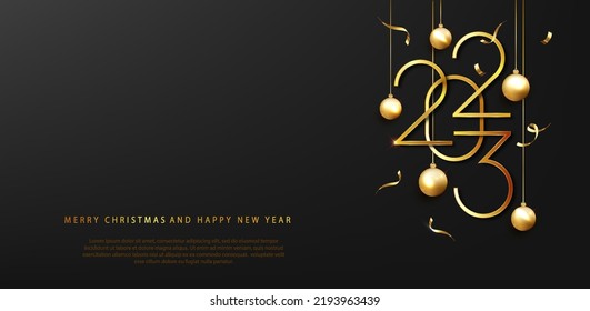 2023 Happy new year. Happy New Year Banner with Golden metallic numbers date 2023. Dark luxury background. Vector illustration.