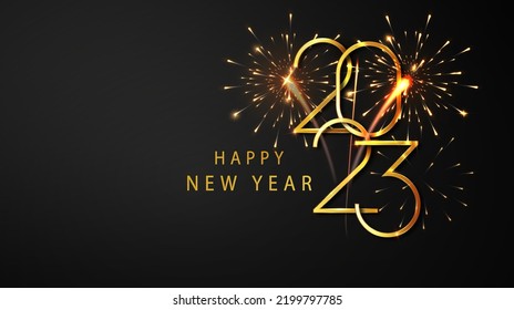 2023 Happy new year  Happy New Year Banner and Golden metallic numbers date 2023   flickering fireworks  Dark luxury background  Vector illustration