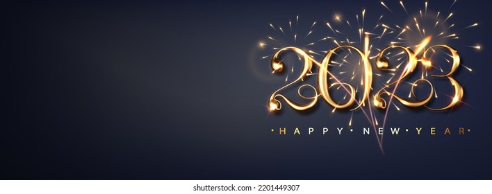 2023 Happy new year banner with flickering fireworks. Dark luxury background with golden metallic numbers date 2023. Vector illustration.