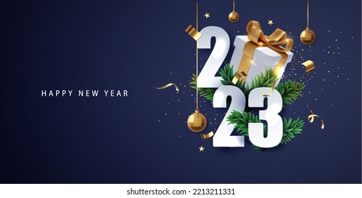 Banner de Año Nuevo Feliz 2023 con una caja de regalo realista. Afiche de Navidad 2023, pancarta, tarjeta de presentación, folleto, volante, diseño