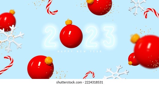 2023 Happy New Year banner. Neon number 2023 on blue background with plastic Christmas balls, snowflakes, candy canes and golden confetti. New Year holiday symbol. Vector illustration.