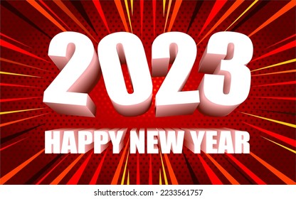 2023 Happy new year banner with white text with beautiful extrude effect on Dark red background