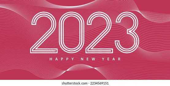 2023 Happy New Year banner. 2023 modern text vector luxury design viva magenta color background with abstract white line pattern. Happy new year card.