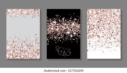 2023 Happy New Year best wishes greeting cards vector collection. Holiday postcards set, banners graphic design. Greeting cheers to New 2023 Year cards vector templates. Chich pink rose gold confetti.