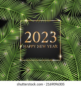 2023 Happy New Year. Branches Of A Palm Tree On A Black Background With A Christmas Garland. Vector Illustration.