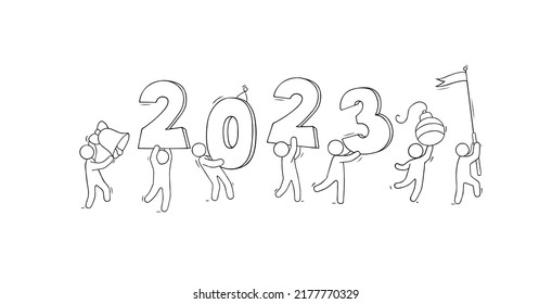 2023 Happy New Year card. Cartoon doodle illustration with liitle people prepare to celebration. Hand drawn vector illustration.