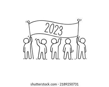 2023 Happy New Year card. Cartoon doodle illustration with liitle people prepare to celebration. Hand drawn vector illustration.
