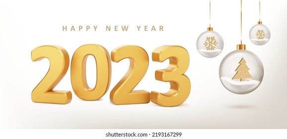 2023 Happy New Year. New Year card with numbers 2023 on beige background with glass balls. Realistic vector illustration.