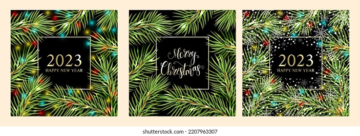 2023 Happy New Year card for your design. Christmas tree on a black background vector illustration.