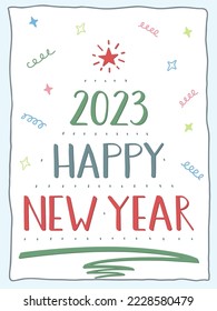 2023 Happy New Year card. Handwritten lettering in a hand-drawn frame. Christmas tree of numbers, text, pen stroke and star. Red, green, blue isolated text. Serpentine, confetti.