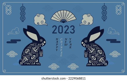 2023 Happy New Year card in Chinese style with symbol of the year Rabbit