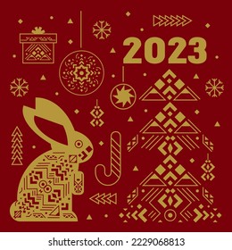 2023 Happy New Year card in Chinese style with symbol of the year Rabbit