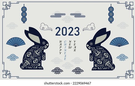 2023 Happy New Year card in Chinese style with symbol of the year Rabbit