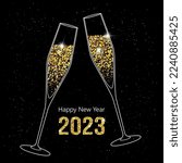 2023 Happy New Year. Champagne glasses vector illustration. Restaurant glassware. Bubbly in glass. Champagne glasses flat icons, fizzy champaign in goblet. Holiday gold glitter confetti. 2023 New Year
