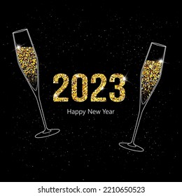 2023 Happy New Year. Champagne glasses empty and full vector illustration. Restaurant glassware. Bubbly in glass. Champagne glasses flat icons, fizzy champaign in goblet. Holiday gold glitter confetti