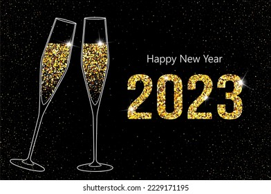 2023 Feliz Año Nuevo. Ilustración vectorial de gafas de champán. Vidrio de restaurante. Bubbly en vidrio. Iconos planos de champán, campaña de champán en goblet. Papel de brillo dorado de vacaciones. Año Nuevo 2023