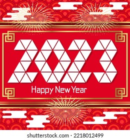 2023 Happy New Year! Chinese New Year red gold background. Origami triangle year.