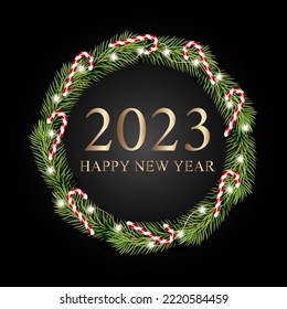 2023 Happy New Year. Christmas wreath made of pine wood, decorated with a garland and candy. Vector Illustration.