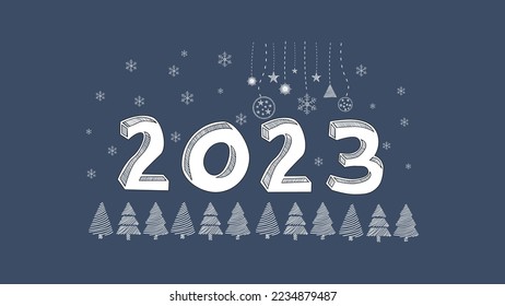 2023 Happy New Year with Christmas hand draw background Celebrate party 2023. Xmas Poster, web banner, header website.