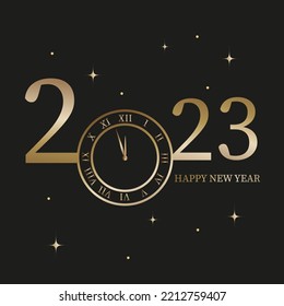 2023. Happy new year. With clock, golden and black design. Vector illustration