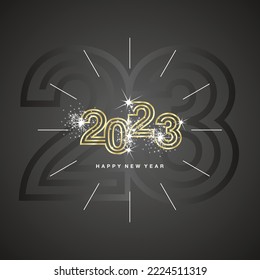 2023 Happy New Year clock countdown with sparkler firework golden triple line design shining numbers with 23 shadow in black background
