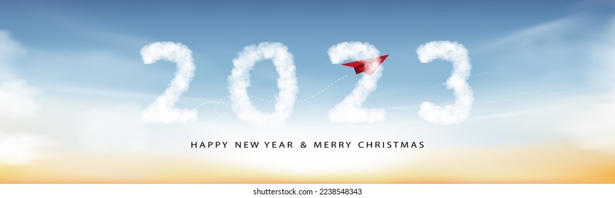 2023 Happy new year Clouds with Red Paper Airplane flying up to Sky,Horizon Vector illustration text 2023 on blue background for Calendar,Wide  Banner design for New Year Year or Christmas Holiday