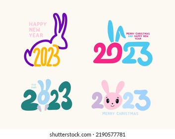 2023 Happy New Year colored logo design. Numbers with bunny ears 2023 design template. Kids vector illustration isolated on white background.