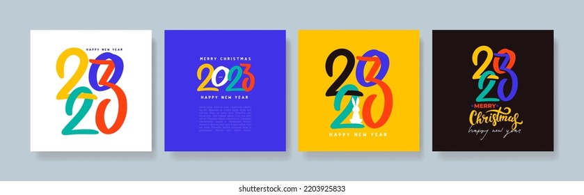 2023 Happy New Year colorful posters. Set of design typography logo 2023 for Christmas celebration and season decoration, banner, cover, card, branding, social media template. Vector illustration.