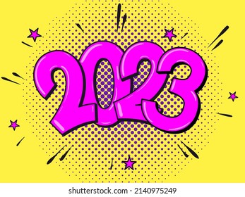 2023 happy new year. Comic text. Pop Art vintage vector illustration