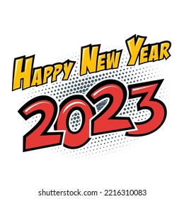 2023 Fröhlicher Neujahrstext mit halbem Schatten auf weißem Hintergrund. Vektorgrafik im Retro-Pop-Stil für Grußkarten, Banner, Poster, Flyer und Kalender