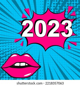 2023 happy new year. Comic text. Pop Art vintage vector illustration. Retro comic speech bubble. Number 2023 text for New Year. Vector illustration, vintage design, pop art style. Colorful New Years p
