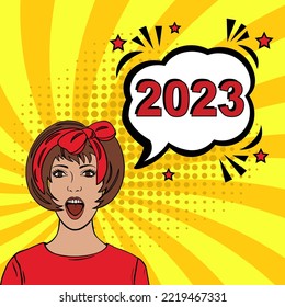 2023 glückliches neues Jahr. Comic-Text. Pop Art Vintage Vektorgrafik. Retro Comic-Sprachblase. Nummer 2023 für Neujahr. Vektorgrafik, Vintage-Design, Pop-Art-Stil. Farbige neue Jahre p