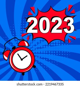 2023 happy new year. Comic text. Pop Art vintage vector illustration. Retro comic speech bubble. Number 2023 text for New Year. Vector illustration, vintage design, pop art style. Colorful New Years p