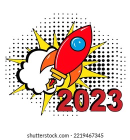 2023 happy new year. Comic text. Pop Art vintage vector illustration. Retro comic speech bubble. Number 2023 text for New Year. Vector illustration, vintage design, pop art style. Colorful New Years p