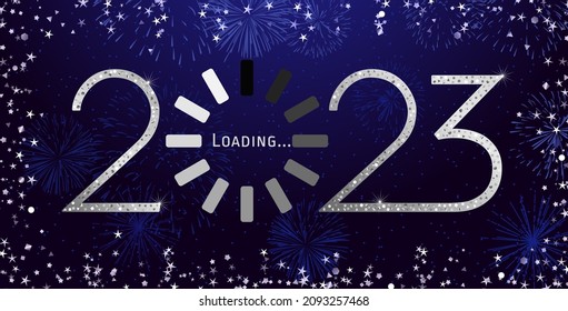 2023 A Happy New Year concept. Congrats sign. Decorative loading spinning icon. Digital clock. Shiny digits. Abstract isolated graphic design template. Creative Christmas decoration. Glittering frame.