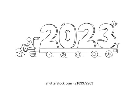 2023 Happy New Year concept with cars. Cartoon doodle illustration with liitle people prepare to celebration. Hand drawn vector for christmas design.