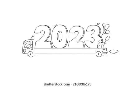 2023 Happy New Year concept with cars. Cartoon doodle illustration with liitle people prepare to celebration. Hand drawn vector for christmas design.