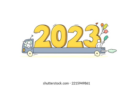 2023 Happy New Year concept with cars. Cartoon doodle illustration with liitle people prepare to celebration. Hand drawn vector for christmas design.